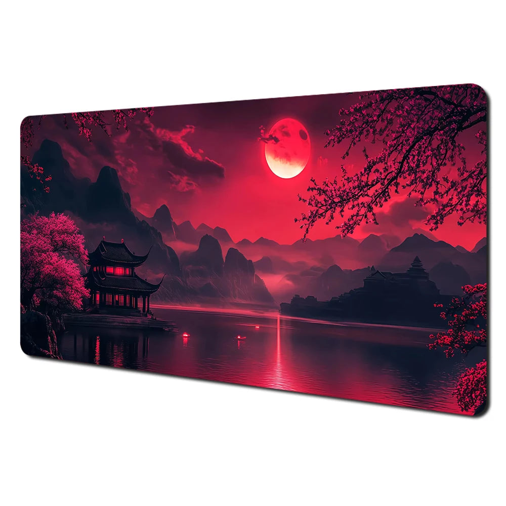 Tapis de Souris XXL Gamer – Design Japonais Lune & Temple | Antidérapant, Imperméable