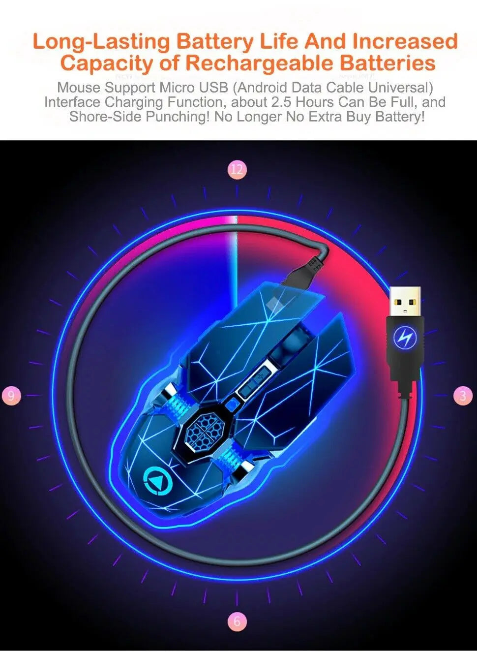 Souris Gaming Sans Fil Rechargeable 2.4G - 1600 DPI Rétroéclairage LED 7 Couleurs