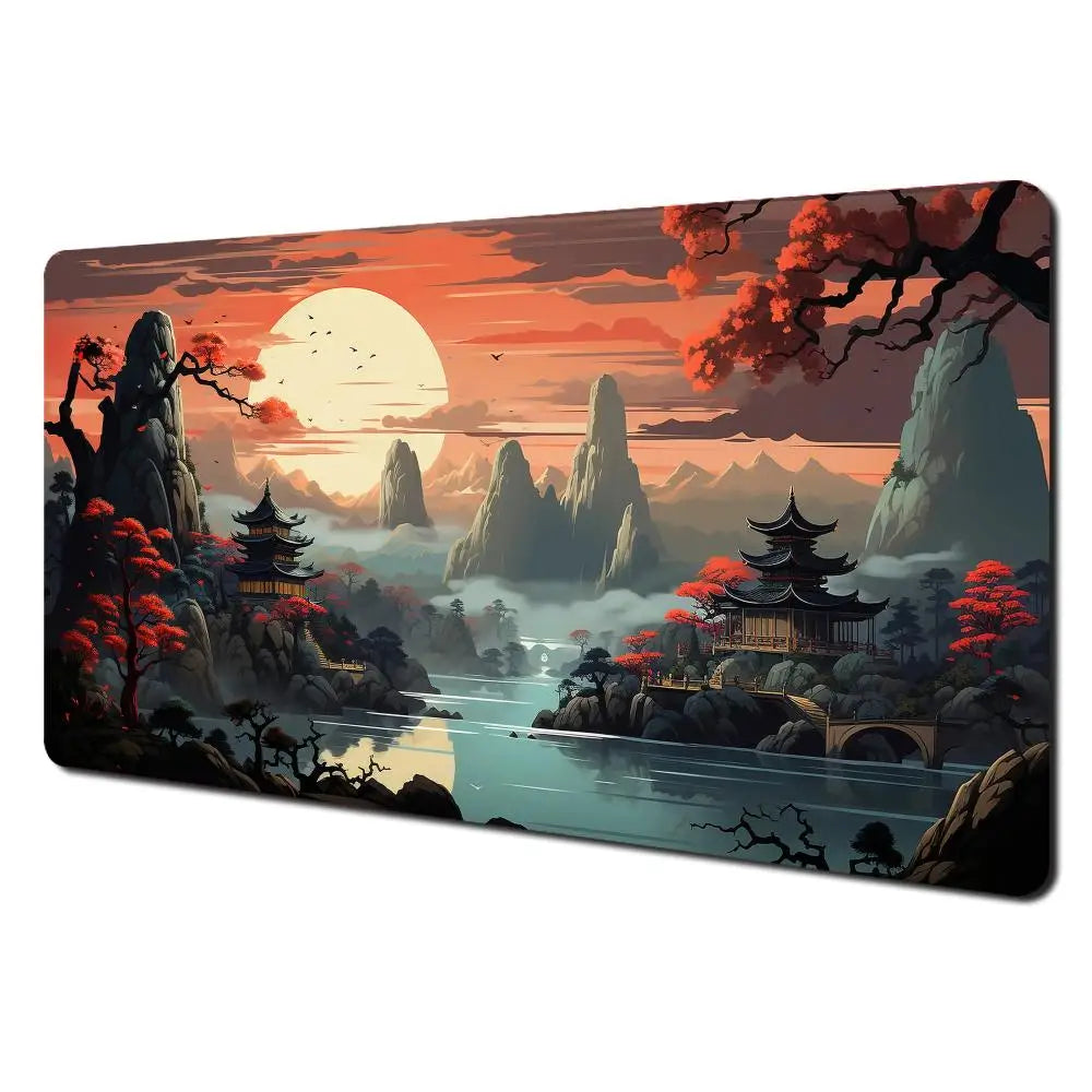 Tapis de Souris XXL Gamer – Design Japonais Lune & Temple | Antidérapant, Imperméable