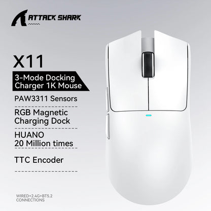 Attack Shark X11 – Souris Gaming Sans Fil 3 Modes avec Dock de Charge RGB