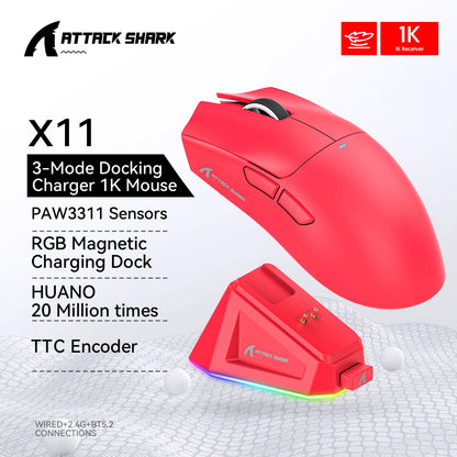 Attack Shark X11 – Souris Gaming Sans Fil 3 Modes avec Dock de Charge RGB