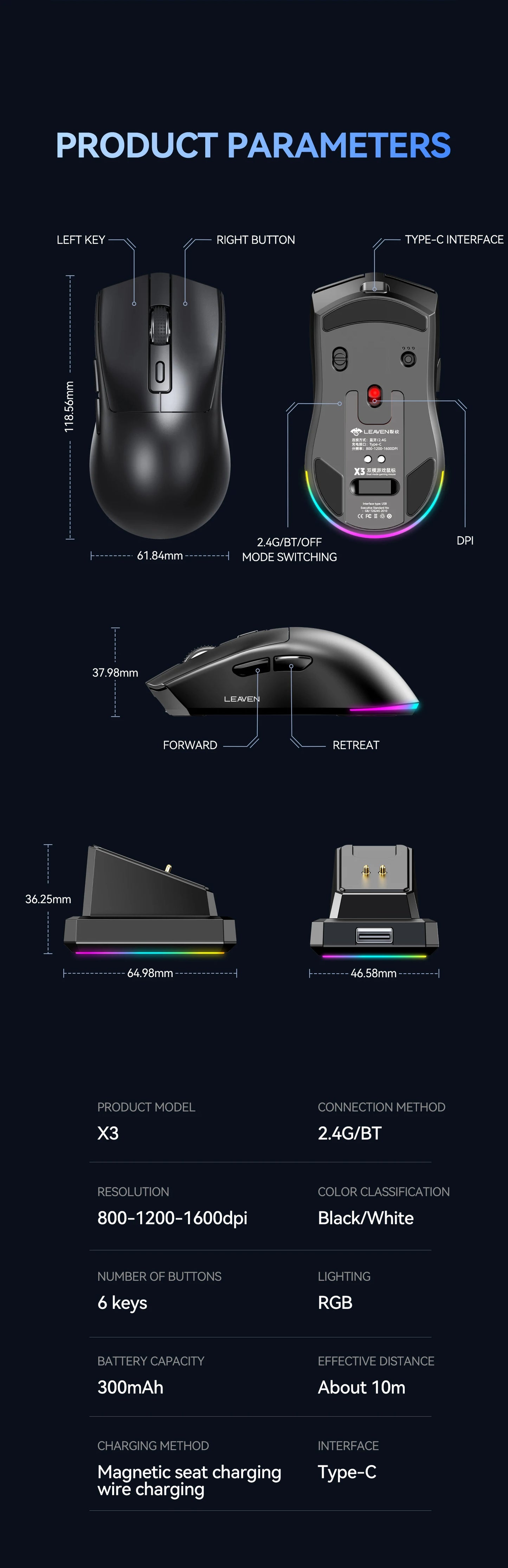 X3 Wireless Gaming Mouse – Précision, Légèreté et Style RGB