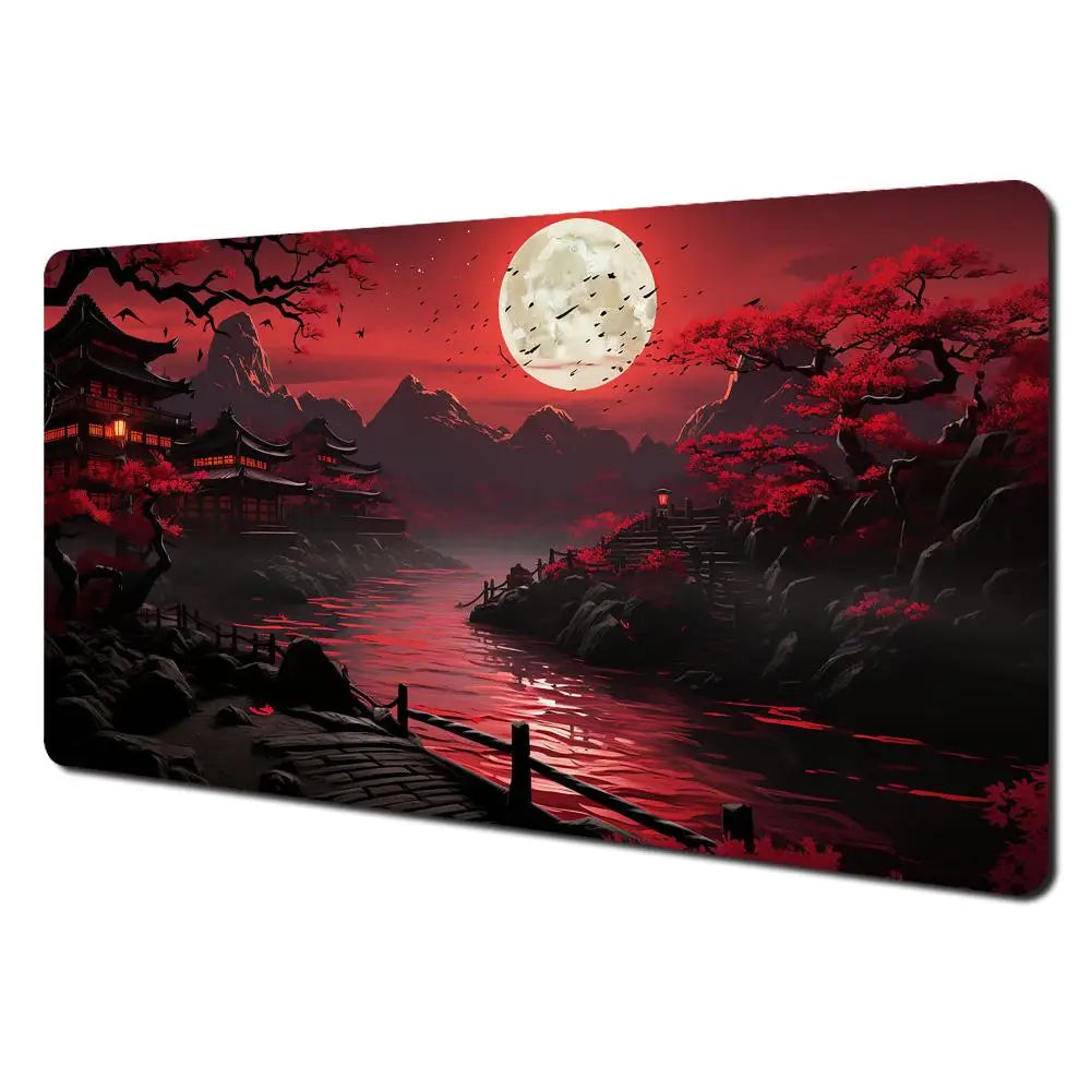 Tapis de Souris XXL Gamer – Design Japonais Lune & Temple | Antidérapant, Imperméable