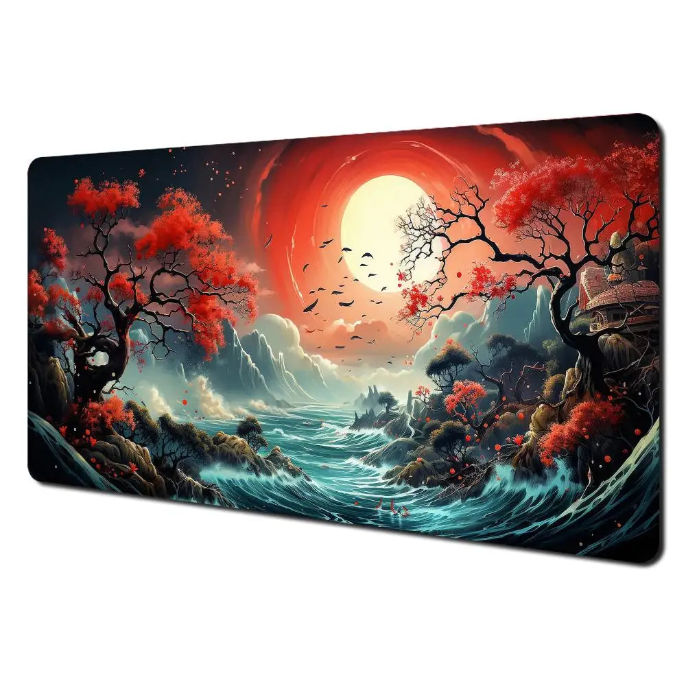 Tapis de Souris XXL Gamer – Design Japonais Lune & Temple | Antidérapant, Imperméable