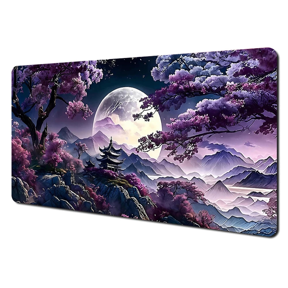 Tapis de Souris XXL Gamer – Design Japonais Lune & Temple | Antidérapant, Imperméable
