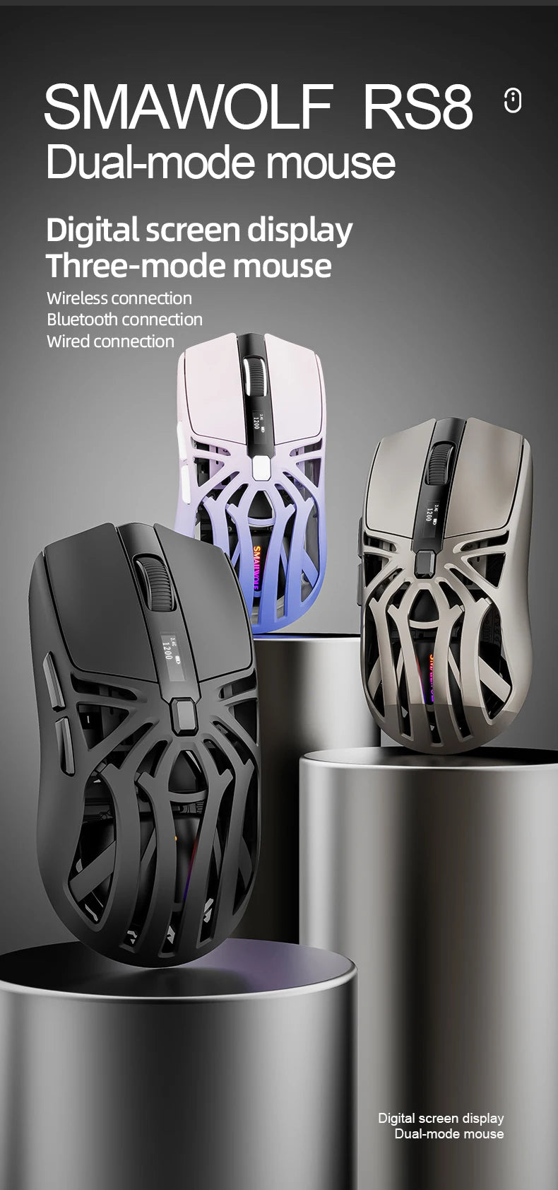 SMAILWOLF RS8 – Wireless Gaming Mouse with Digital Display (73g)