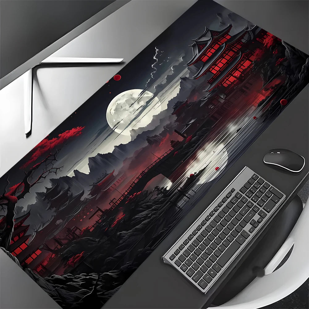 Tapis de Souris XXL Gamer – Design Japonais Lune & Temple | Antidérapant, Imperméable
