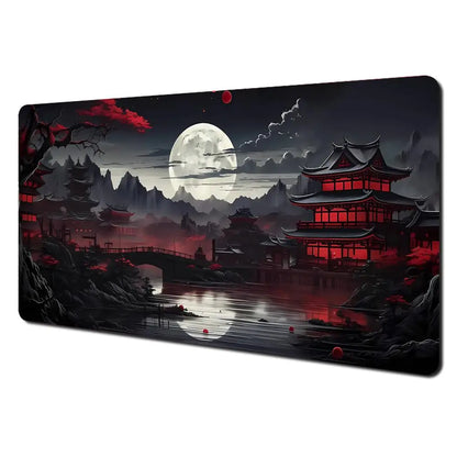 Tapis de Souris XXL Gamer – Design Japonais Lune & Temple | Antidérapant, Imperméable