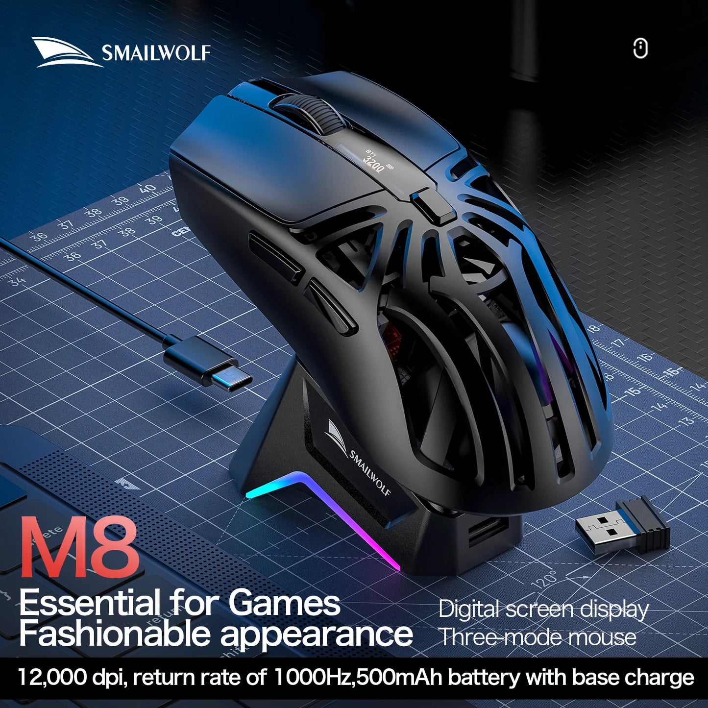 SMAILWOLF RS8 – Wireless Gaming Mouse with Digital Display (73g)