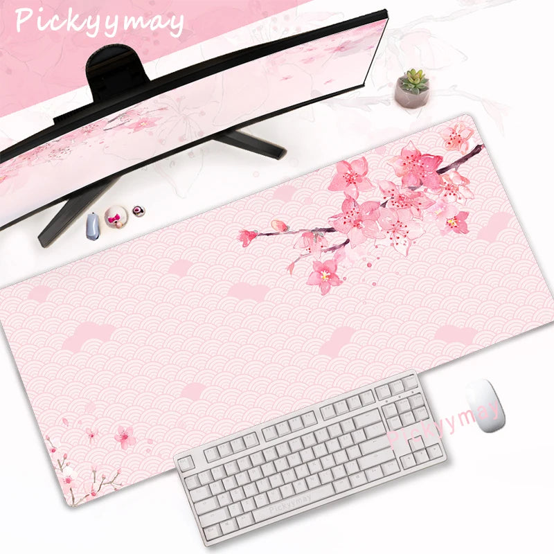 Tapis de Souris XXL Fleurs de Cerisier – Sakura Rose, Antidérapant et Élégant