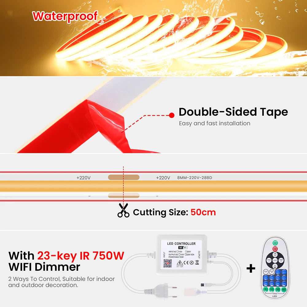 Bande LED COB 220V KISUFU – Éclairage Intelligent, Design et Haute Performance